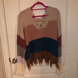 Striped knit distressed sweater